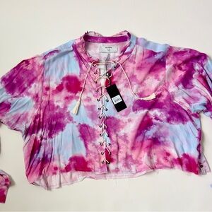 One Teaspoon pink and Purple Tie-Dye Lace-Up Crop Top